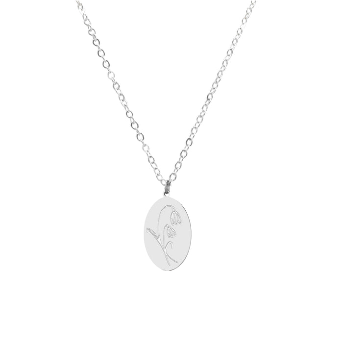 Birth Flower Collection - Silver Snowdrop Oval Necklace (January)