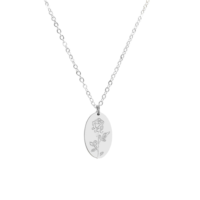 Birth Flower Collection - Silver Rose Oval Necklace (June) (Wholesale)