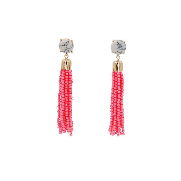Tassel Collection - Flamingo Pink Beaded Earrings (Wholesale) - Kinsley Armelle