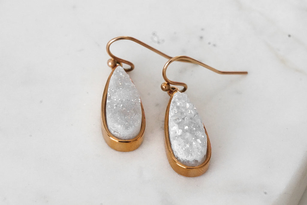 Druzy Collection - Rose Gold Petite Quartz Drop Earrings