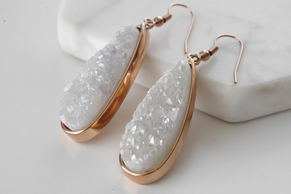 Druzy Collection - Rose Gold Quartz Drop Earrings