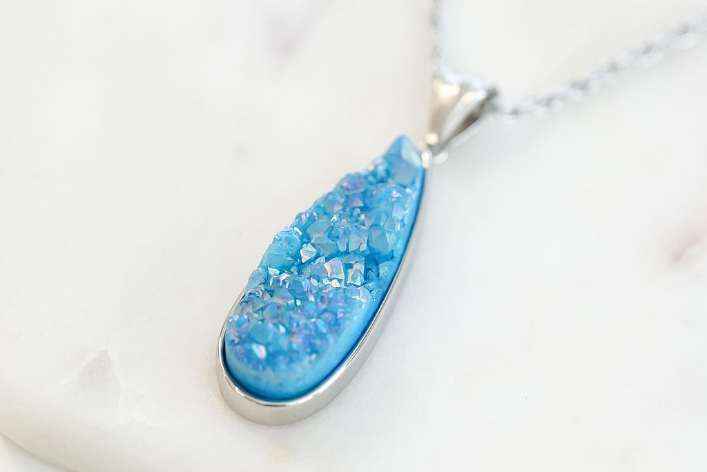 Druzy Collection - Silver Azure Quartz Drop Necklace