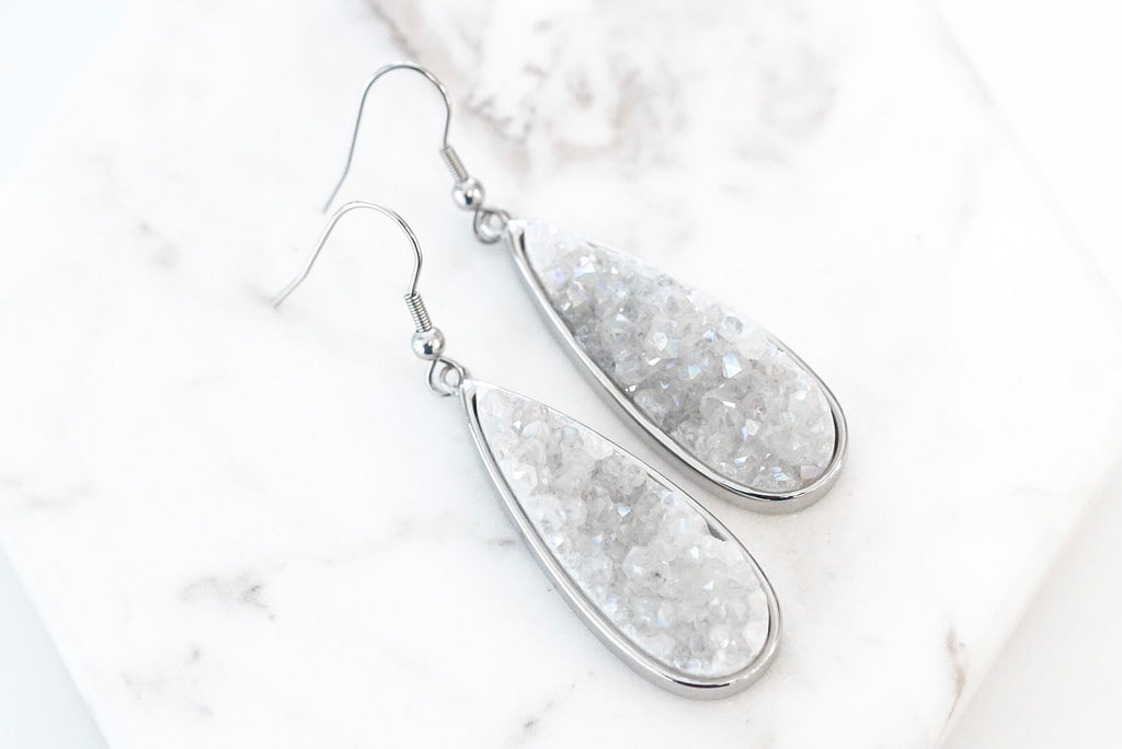 Druzy Collection - Silver Quartz Drop Earrings