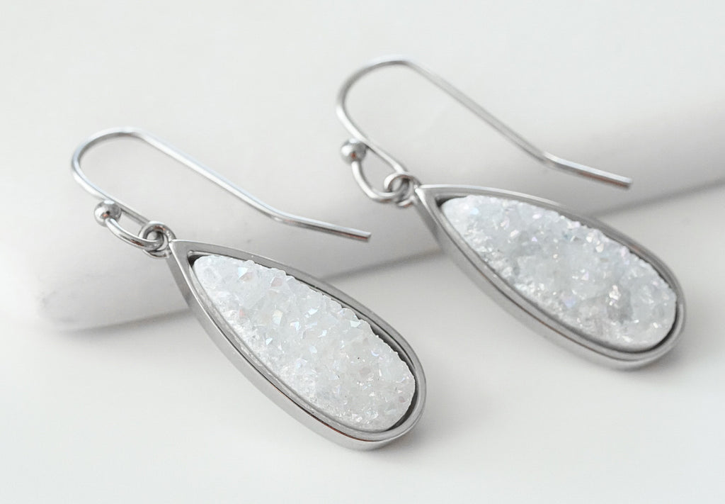 Druzy Collection - Silver Petite Quartz Drop Earrings