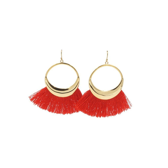 Tassel Collection - Cherry Red Hoop Fringe Earrings (Wholesale)